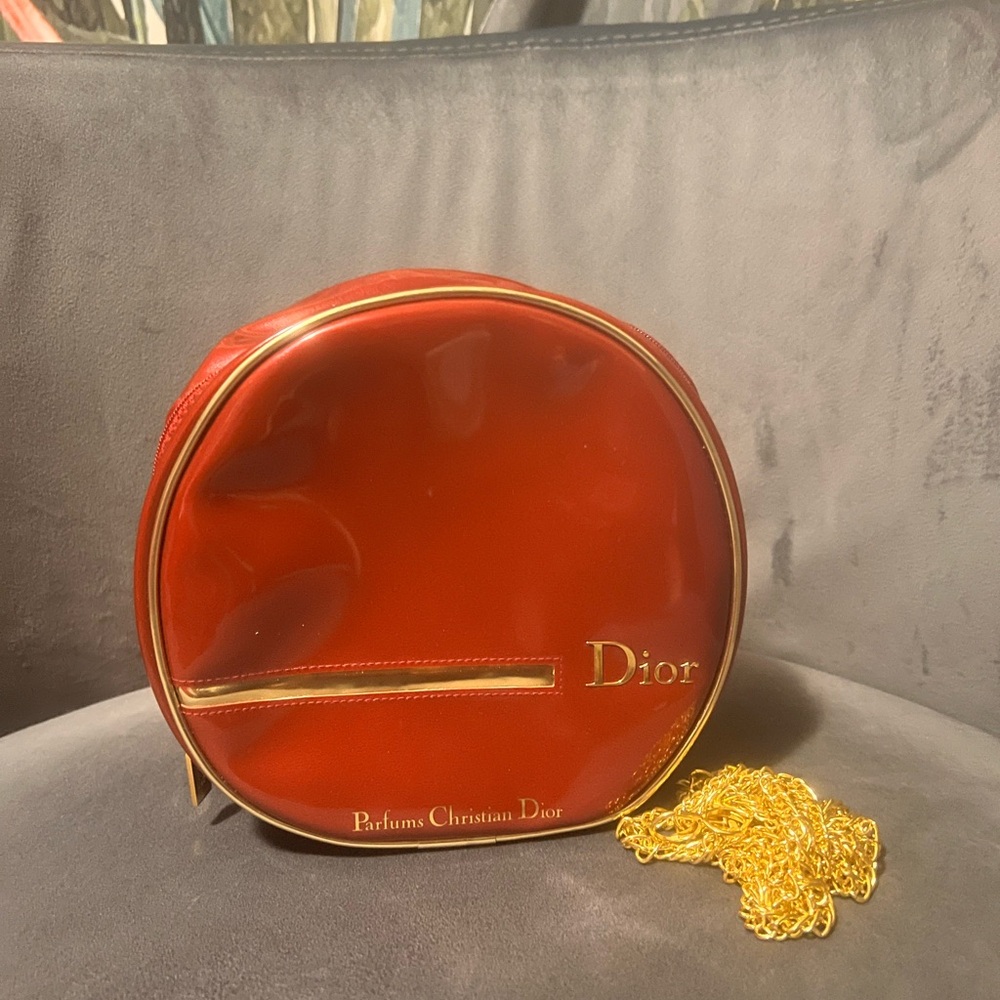 Dior Glossy Red Round Cosmetic Bag with Gold Accents